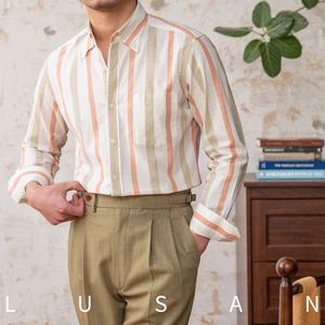 Trois minces rayures coton sergé 100% respirant <span class=keywords><strong>chemise</strong></span> à manches longues <span class=keywords><strong>bouton</strong></span> <span class=keywords><strong>caché</strong></span> col pointu Gentleman décontracté - Product Image 2