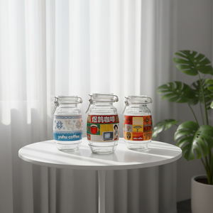 Nouveauté - Pot en verre de forme baril avec logo personnalisé, 420 ml, avec couvercle à clip <span class=keywords><strong>pour</strong></span> café instantané lyophilisé, épices, noix - Product Image 1