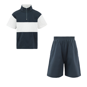 Ensemble deux pièces pour enfants, garçons, bleu marine foncé, rayures contrastées, fermeture éclair, short de survêtement plissé sur le devant, en coton, tenue de sport scolaire d'été - Product Image 2