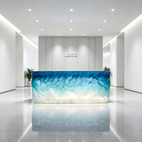 Expédition immédiate : Bureau d'accueil moderne en résine coulée, motif vague océanique bleu et blanc, finition brillante, écologique et durable, pour salon