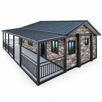 Maison modulaire préfabriquée moderne avec revêtement mural en pierre et terrasse couverte pour lieu de mariage, jardin ou espace événementiel