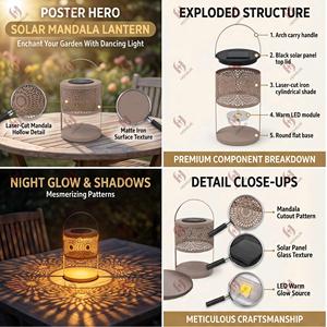 Lanterne <span class=keywords><strong>solaire</strong></span> Mandala pour jardin extérieur, lampe de projection d'ombres en fer ajouré, portable, suspendue, du crépuscule à l'aube, décoration de patio, CE RoHS - Product Image 2