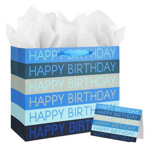 Grands sacs cadeaux d'anniversaire bleus avec poignées, en papier blanc, 3 feuilles <span class=keywords><strong>de</strong></span> papier <span class=keywords><strong>de</strong></span> soie, 1 carte <span class=keywords><strong>de</strong></span> vœux, motif Joyeux Anniversaire <span class=keywords><strong>pour</strong></span> hommes/femmes/adultes/enfants - Product Image 1