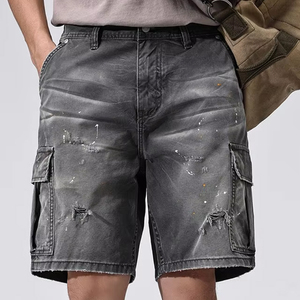 Shorts de Mezclilla Huanqiu Vintage Gris Desgastado, Multibolsillos, Cintura Media, Estilo Cargo, Holgados, para <span class=keywords><strong>Hombre</strong></span> - Product Image 1