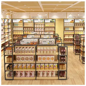 Großhandel Convenience 5 Tier Boden Lebensmittel geschäft Regal doppelseitigen Supermarkt Holz Display Rack