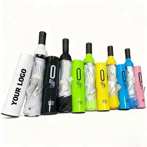Parapluie pliant créatif à trois sections avec logo personnalisé et étui en plastique en forme de bouteille de vin – Offre promotionnelle - Product Image 1