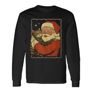Camiseta de manga larga navideña con diseño de gato abrazando a Santa - Product Image 1