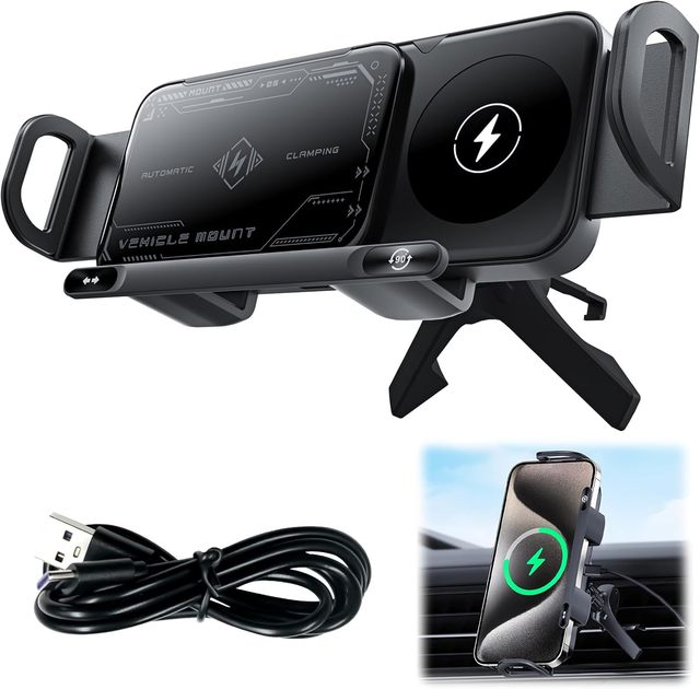 15w Wireless Cell Phone Stand Charger Adapter 12 Volt Type C Auto Clamp Car Phone Holder Wireless Charger Multi Functional