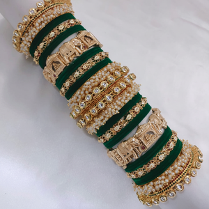 Designer Gold Plated Pota Stone and Pearl Meenakari Velvet Bangles Set <b>Bridal</b> Ethnic Jewelry Collection for Women - Product Image 2