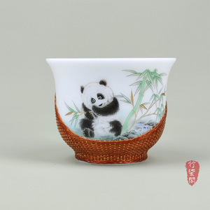 Bamboo Woven Porcelain Panda <b>Teacup</b> Handmade Mini Master Cup For Kung Fu Tea Set - Product Image 1