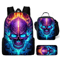 Fabricant de sacs, style rock heavy metal, ensemble de 3 sacs d'école, bleu néon, crâne enflammé, sac à dos pour étudiants, vente en gros