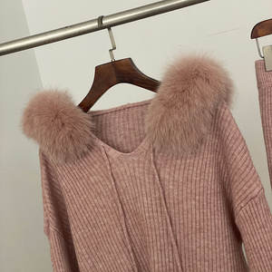 Costume pull d'hiver 2025 pour femme avec col en renard solide pull à capuche en tricot long et <span class=keywords><strong>pantalon</strong></span> slim haut vêtements - Product Image 4