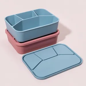 Pure Silicone 4 Compartment Lunch Box Food Container Leakproof Bento Lunch Box Set For Kids