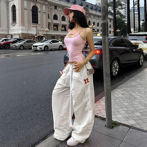 Pantalones Anchos Bordados con Número Estilo INS para Mujer, Cintura Elástica con Cordón, Pantalones Largos Casuales de Estilo Urbano - Product Image 5