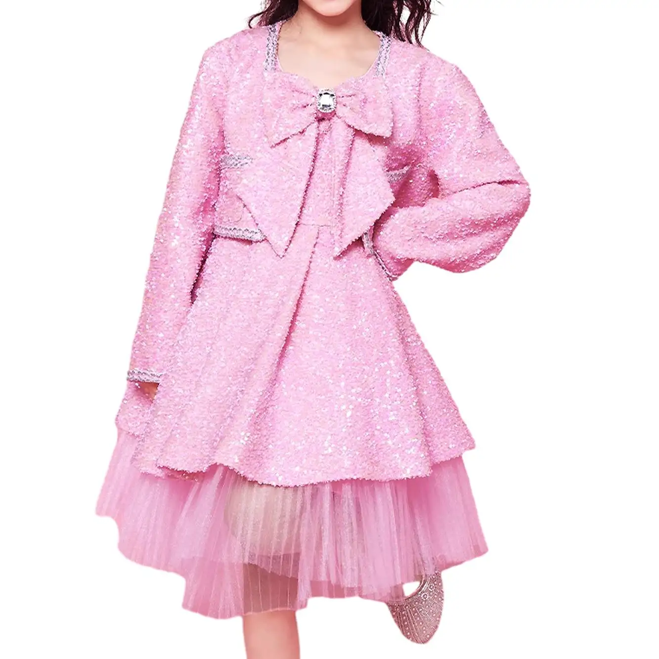 Individuelles retro-Kinderkind Baby rosa Mädchenkleid leicht luxuriöser Stil Schleife Prinzessenkleid mit Jacke