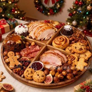 Wooden Round <b>Tray</b> Four Compartment <b>Snack</b> Platter For Cheese Fruit Meat Biscuits Household Serving Dish - Product Image 3
