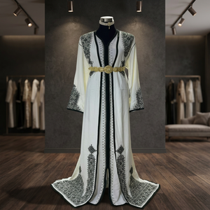 Elegant Moroccan Satin <b>Silk</b> Beaded Kaftan Dress <b>White</b> Women's Natural Waist Floor-Length Evening Party Breathable Anti-Wrinkle - Product Image 3
