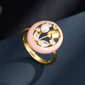 Tulip Shaped Pink <b>Open</b> <b>Ring</b> With Pearl And Crystal Inlay Adjustable For Women Party Jewelry - Product Image 4