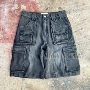 Shorts cargo vintage en denim personnalisés pour hommes, style streetwear, multi-poches, effet délavé, coupe ample - Product Image 1