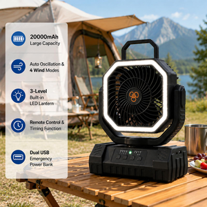 Ventilateur de camping portable rechargeable 20000 mAh avec lumière LED, télécommande, batterie externe et crochet de suspension pour tente et voyage - Product Image 2