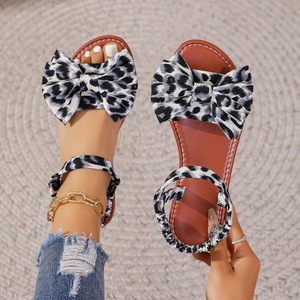 Summer Women Leopard Print Flat Sandals Sweet Big <b>Bow</b> Design Elastic Ankle Strap Casual Beach Sandals - Product Image 2