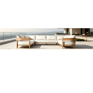 Canapé en teck <span class=keywords><strong>de</strong></span> style moderne, design nouveau, en forme <span class=keywords><strong>de</strong></span> L, sectionnel, <span class=keywords><strong>haut</strong></span> <span class=keywords><strong>de</strong></span> <span class=keywords><strong>gamme</strong></span>, pour l'extérieur, meubles <span class=keywords><strong>de</strong></span> luxe pour maison <span class=keywords><strong>de</strong></span> prestige avec coussins épais - Product Image 1