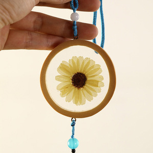 Bamboo <b>Craft</b> Round Pendant With Pressed Flower <b>Tassel</b> Ornament For Home Decoration - Product Image 3