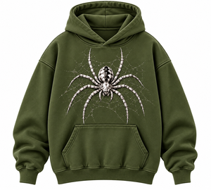 เสื้อฮู้ดดี้โอเวอร์ไซส์สีเขียวมะกอกสำหรับผู้ชาย ผ้าฝ้ายฟลีซ 100% พิมพ์ลายใยแมงมุมด้านหน้า มีกระเป๋าจิงโจ้ เหมาะสำหรับฤดูหนาว - Product Image 1