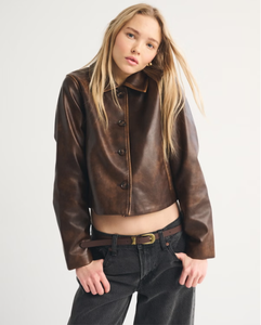 Chaqueta Casual de Cuero PU Marrón de un Solo Pecho para Mujer, Marca LEDUO, para Primavera - Product Image 3