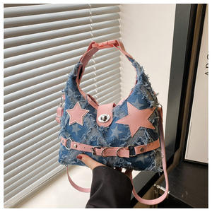 Nouveau sac à bandoulière Denim pour femmes pour femmes à la mode étoile à cinq branches Punk Hottie Style sac croissant polyvalent - Product Image 6