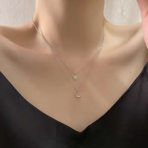 Collar de Cadena Doble de Plata de Ley 925 con Baño de Rodio y Colgante de Estrella y Luna, Joyería de Moda para Mujer, Gran Venta - Product Image 6