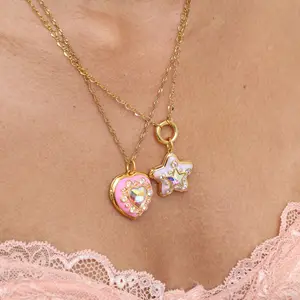 Ins Barbie Pink Iced Out CZ Heart Photo Lockets Necklace Empty Memory Photo Frame Pendant For Women And Girls