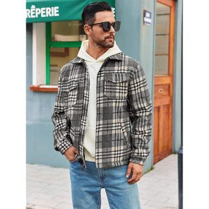 เสื้อโค้ทผ้าสักหลาดแขนยาวลำลองสำหรับผู้ชาย, เสื้อนอกเชอร์ปาซับในซิปอัพควายลายสก๊อตไซส์ XS แจ็คเก็ตขนแกะย้อมสีเรียบ - Product Image 2