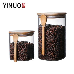 1L 1200ml Food Storage Container Square Glass Jar With Bamboo Lid and Spoon