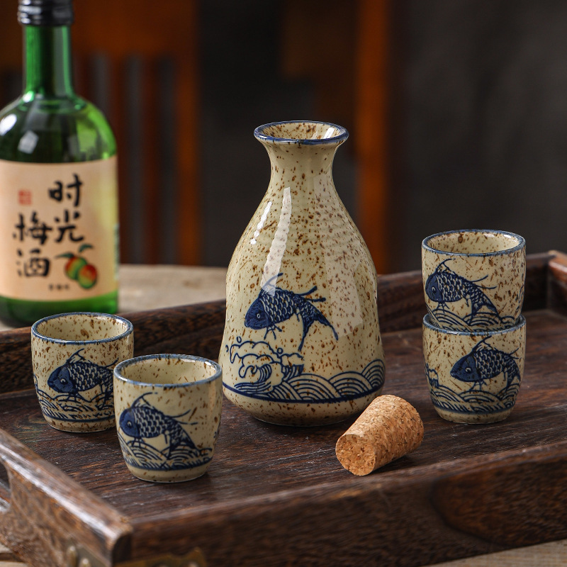 Japanese Vintage Ceramic Sake Bottle and Cups with Cork Screw Cap