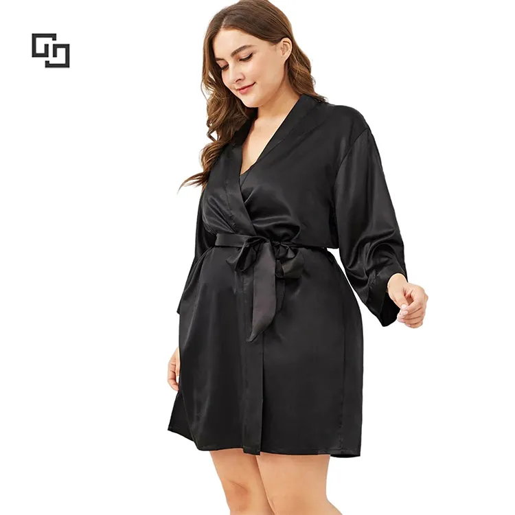 Custom Ladies Plus Size Self Belted Knot Bath Robes Women Black Satin Silk Robe