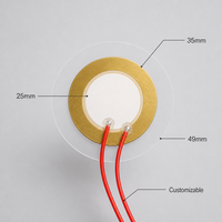 Elemen Piezo Buzzer Kuningan 35T25 dengan Film PVC Transparan 49mm dan Kabel Merah, Transduser Keramik Piezoelektrik untuk Sensor OEM