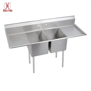 Customized High Quality Stainless Steel Utility Two 2 Compartment Industrial Kitchen Free Standing Commercial Double Sink