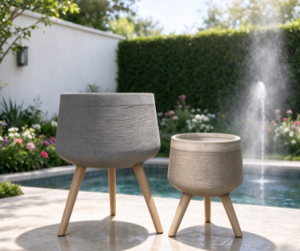 Modern Rattan Flower <b>Pots</b> with Wood Legs Minimalist Indoor Planters Set of 2 for Green Plants - Product Image 2