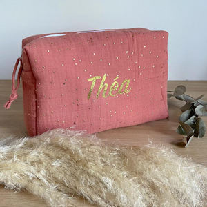 Grande trousse de maquillage de voyage personnalisable en <span class=keywords><strong>gaze</strong></span> de coton <span class=keywords><strong>double</strong></span> à <span class=keywords><strong>pois</strong></span> dorés - Product Image 1