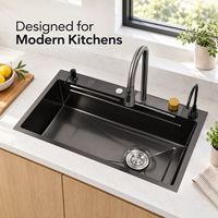 Évier de cuisine simple en acier inoxydable 304 noir nano, avec robinet cascade brossé, à encastrer, pour une utilisation moderne en cuisine