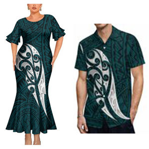 最佳价格定制情侣套装两件夏威夷波利尼西亚部落印花加大码女士美人鱼连衣裙搭配男士阿罗哈衬衫 - Product Image 2