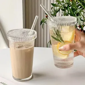 New products ideas 2024 clear ribbed vertical stripes glass cups mugs 12oz milk coffee glasses tumbler bottle with bent straws