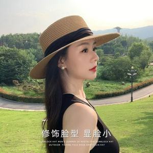 French Style Flat Top Straw <b>Hat</b> For <b>Women</b> Large Size <b>Summer</b> Sun Protection Beach <b>Hat</b> Solid Color Woven <b>Hat</b> - Product Image 1