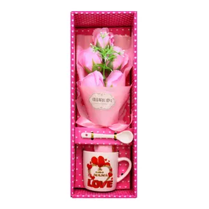 Hot Selling Spanish Print Love Mother Cup Spoon Set Gift Pink Box Ceramic Mother's Day Mug