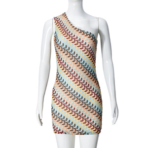 Women's One-Shoulder Wave Pattern Bodycon <b>Mini</b> Dress - Retro Geometric <b>Print</b> Dresses Fashion - Product Image 6