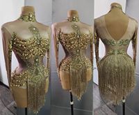 Justaucorps de pole dance en cristal doré à franges, costume de scène, combinaison courte moulante, une pièce pour femme, body en strass