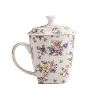 Set Peralatan Makan Bone China, Mug Berpenutup Motif Bunga Putih, Ramah Lingkungan, Kapasitas Besar, Aman untuk Microwave, Cangkir Kopi/Teh Keramik dengan Tutup dan Alas