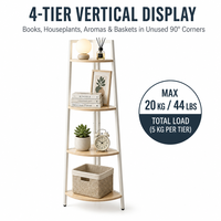 Étagère d'angle 4 niveaux peu encombrante, autoportante, en forme d'éventail, en MDF, avec structure métallique, pour salon
