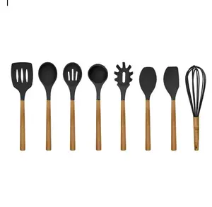 Utensilios de cocina de silicona, utensilios de cocina antiadherentes de madera fáciles de limpiar, 8 piezas